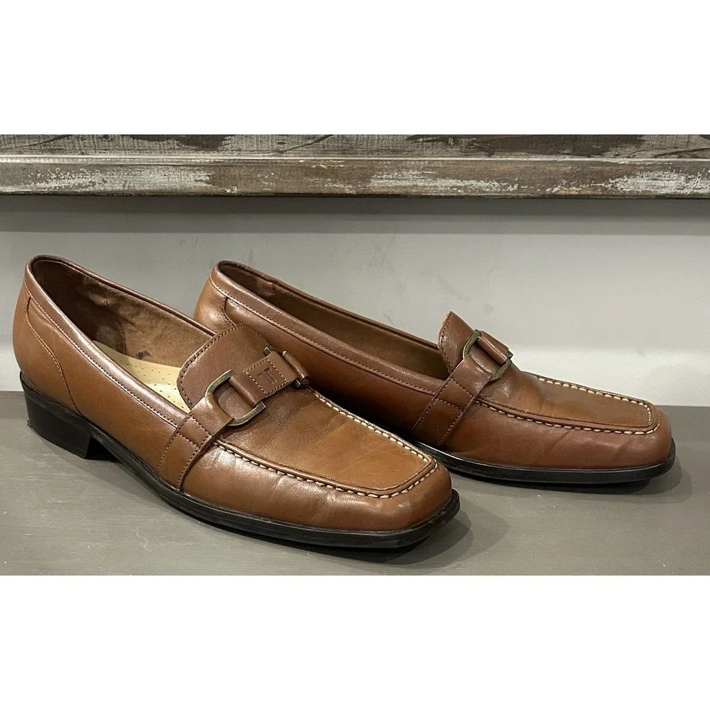 Trotters Brown Leather Loafers Horsebit Comfort Slip On Square Toe Size 8.5N EUC